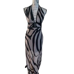Animal Print Halter Maxi Dress with Open Back & Built-In Mini Skirt